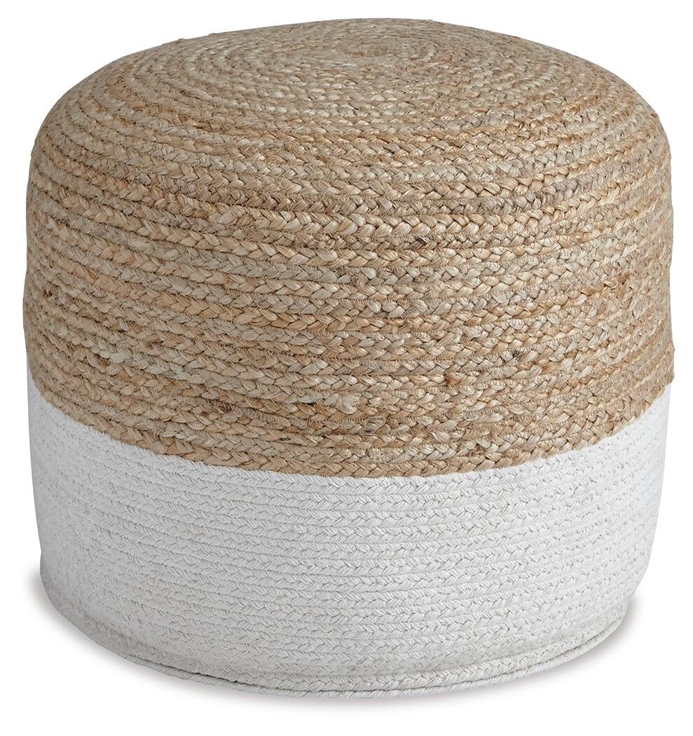 The Sweed Valley Pouf features a round shape with natural jute fibers woven on the top half and white fabric on the bottom, adding rustic charm to any space. Displayed on a white background.