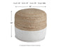 The Sweed Valley Pouf is a round woven jute pouf with a natural top half and white bottom half. It measures 18" high by 19" wide/deep, weighs 6 lbs, and features arrows indicating width.
