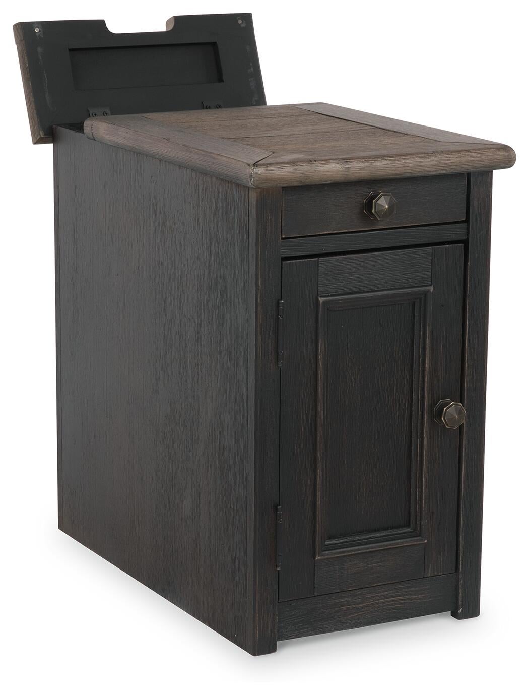 The Tyler Creek Chair Side End Table is a weathered gray-brown piece with a single drawer, cabinet door, and a lift-top panel that reveals a hidden charging station.