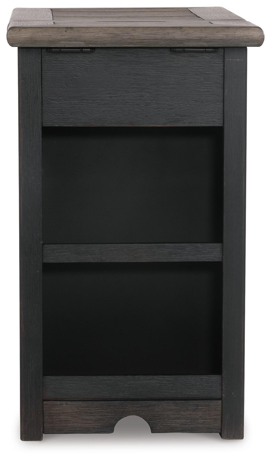 Front view of the Tyler Creek Chair Side End Table in weathered gray-brown with a dark finish, solid panel, two horizontal bars, and a built-in charging station for added convenience.