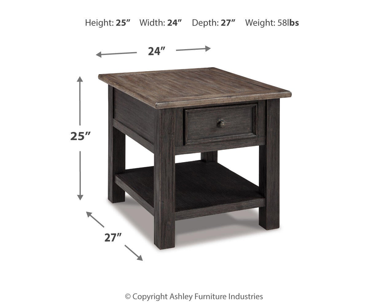 The Tyler Creek Rectangular End Table features a weathered gray-brown solid wood top, one drawer, a lower shelf, and measures 25"H x 24"W x 27"D; weight: 58 lbs.
