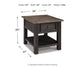 The Tyler Creek Rectangular End Table features a weathered gray-brown solid wood top, one drawer, a lower shelf, and measures 25"H x 24"W x 27"D; weight: 58 lbs.