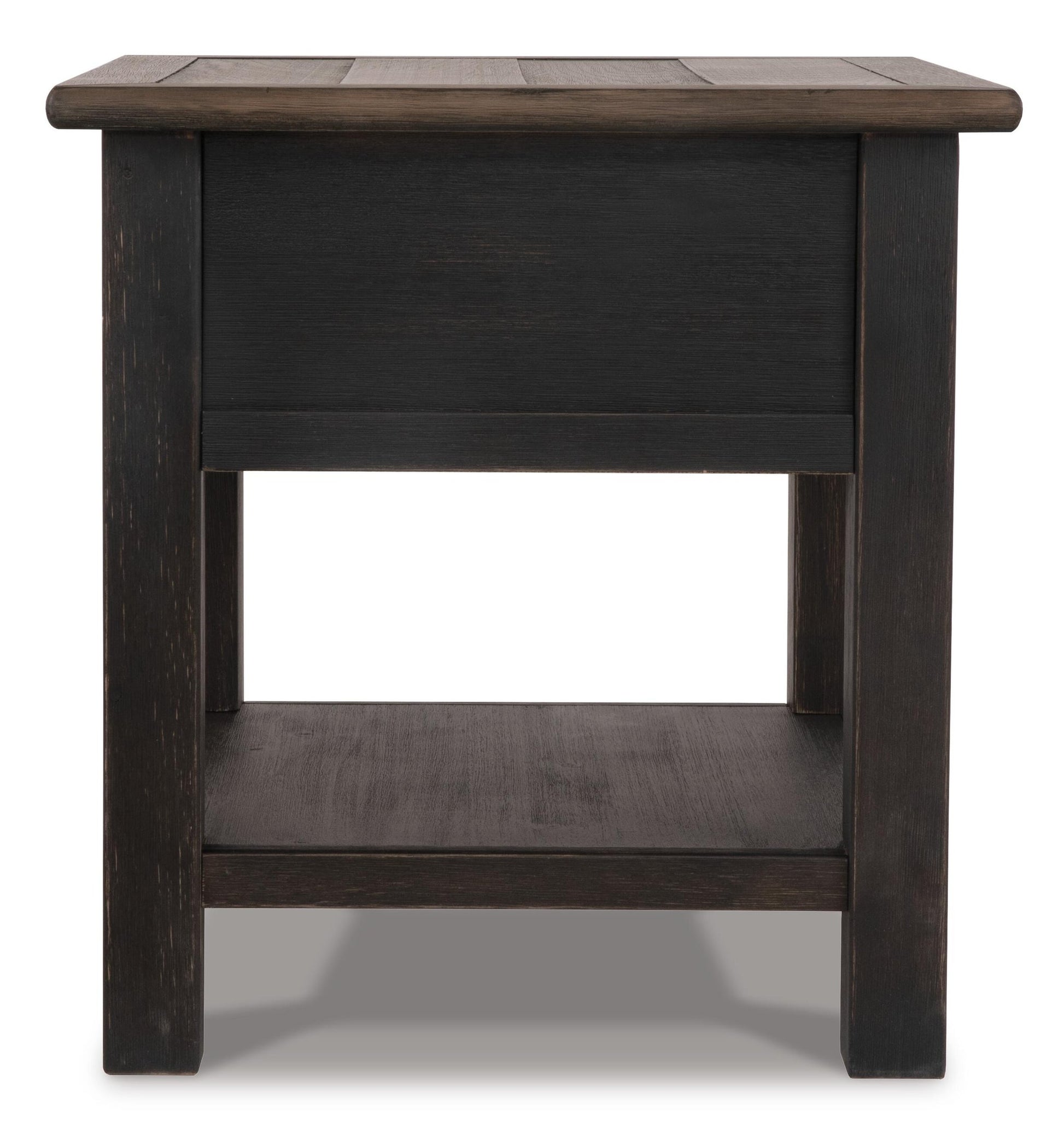 The Tyler Creek Rectangular End Table features a weathered gray-brown solid wood top, straight legs, a smooth surface, and an open lower shelf for extra storage.