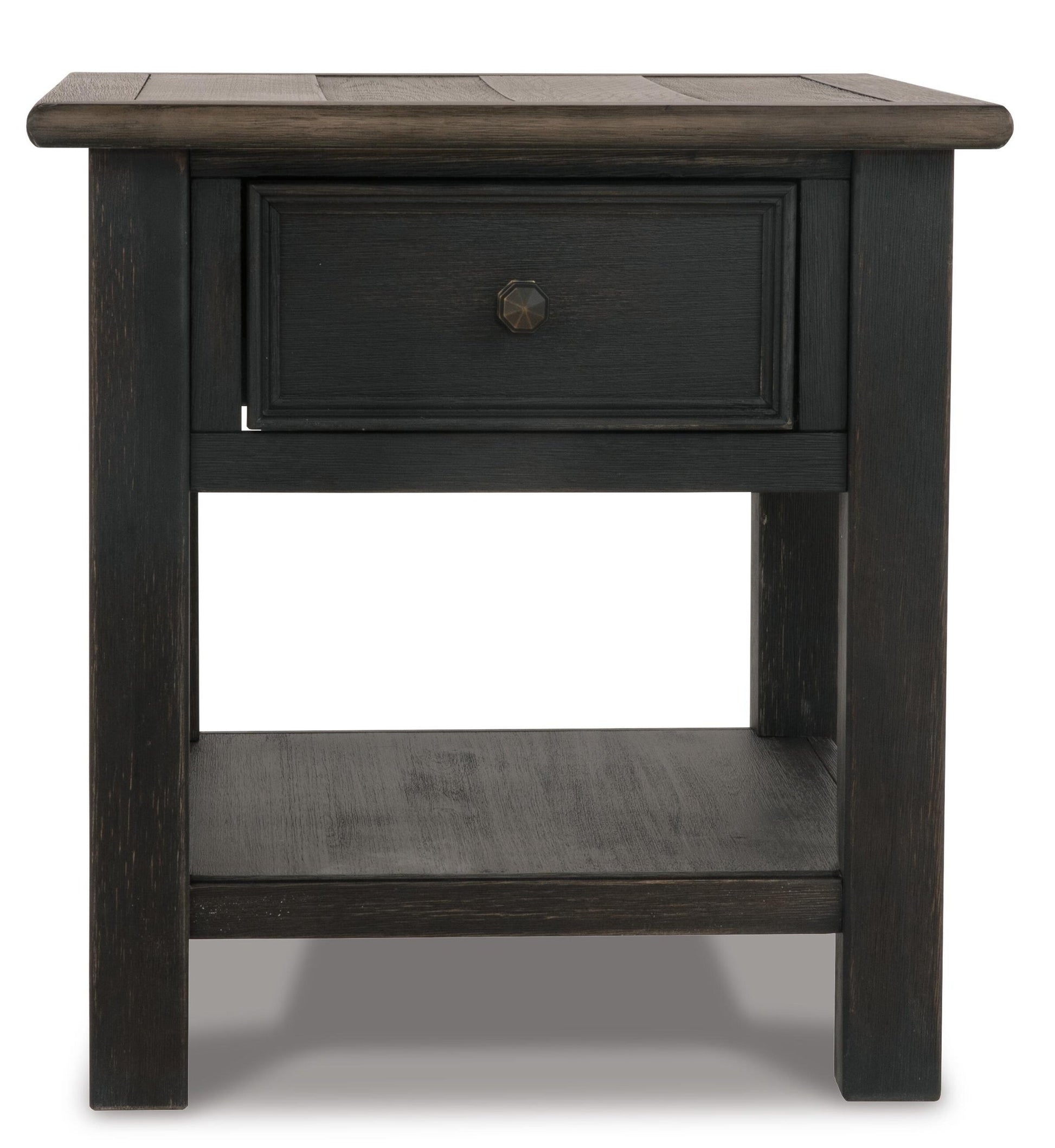 The Tyler Creek Rectangular End Table features a dark wood finish, weathered gray-brown top, single drawer, and open lower shelf—an elegant solid wood accent piece displayed against a white background.