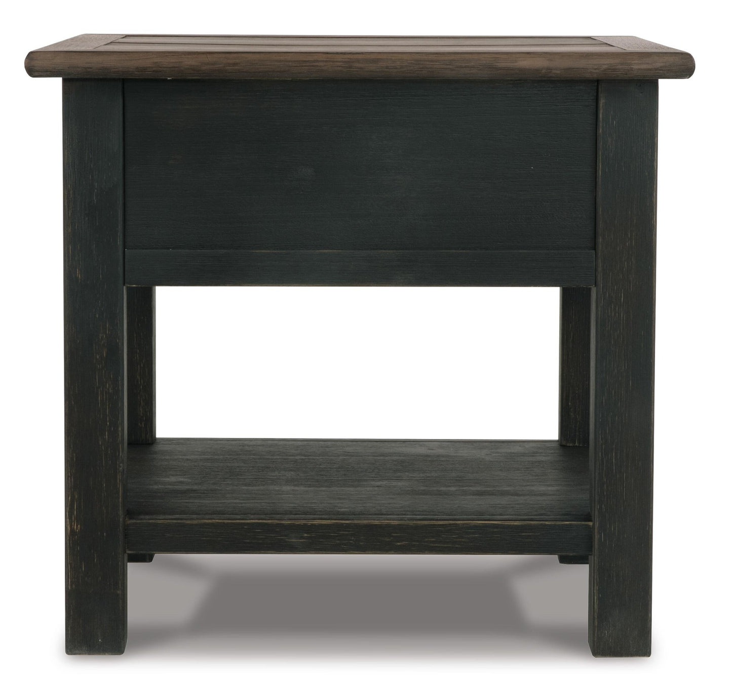 The Tyler Creek Rectangular End Table features a weathered gray-brown solid wood top, four sturdy legs, a rectangular shape, and a versatile lower shelf.