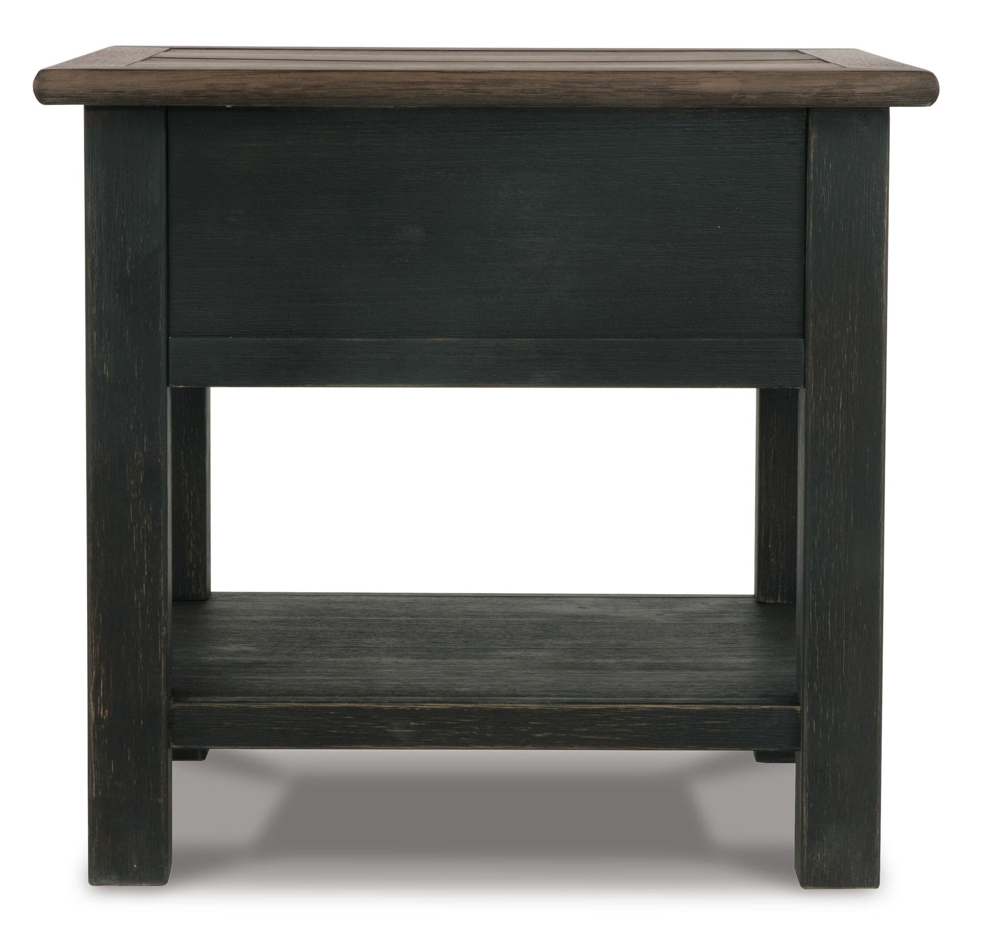 The Tyler Creek Rectangular End Table features a weathered gray-brown solid wood top, four sturdy legs, a rectangular shape, and a versatile lower shelf.