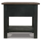 The Tyler Creek Rectangular End Table features a weathered gray-brown solid wood top, four sturdy legs, a rectangular shape, and a versatile lower shelf.