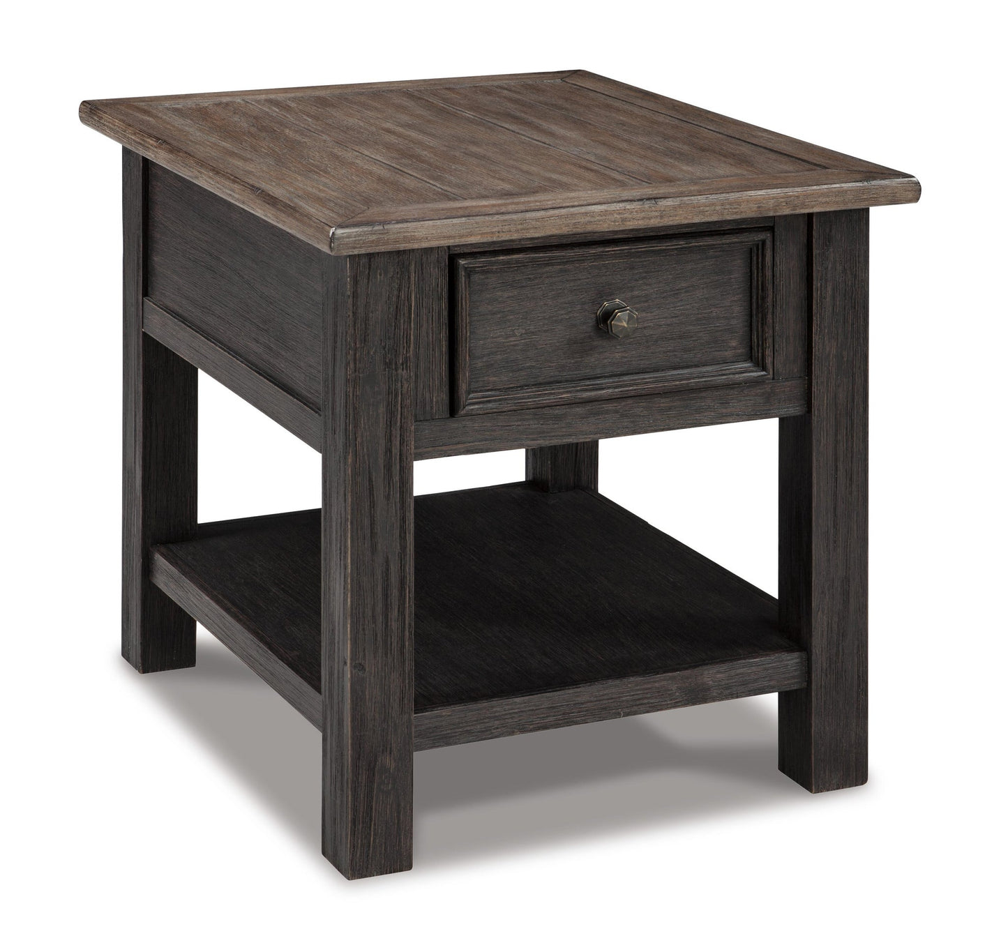 The Tyler Creek Rectangular End Table features a solid wood build, single drawer, lower shelf, and a weathered gray-brown top that contrasts elegantly with its dark-finished legs and base.