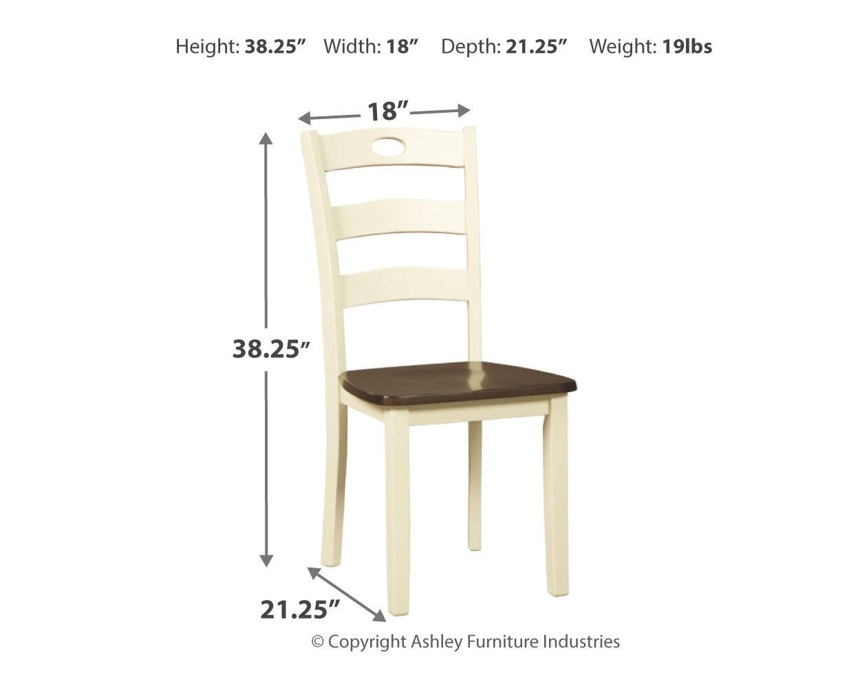 The Woodanville Dining Room Side Chair (2/CN) features a cream frame with a brown seat for cottage-chic style. Each chair measures 38.25"H x 18"W x 21.25"D and weighs 19 lbs.