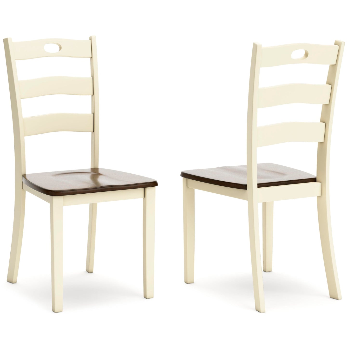 The Woodanville Dining Room Side Chair (2/CN) features two wooden ladderback chairs with cream backs and legs, dark brown seats, shown from front and side on a white background—ideal for cottage-chic dining spaces.