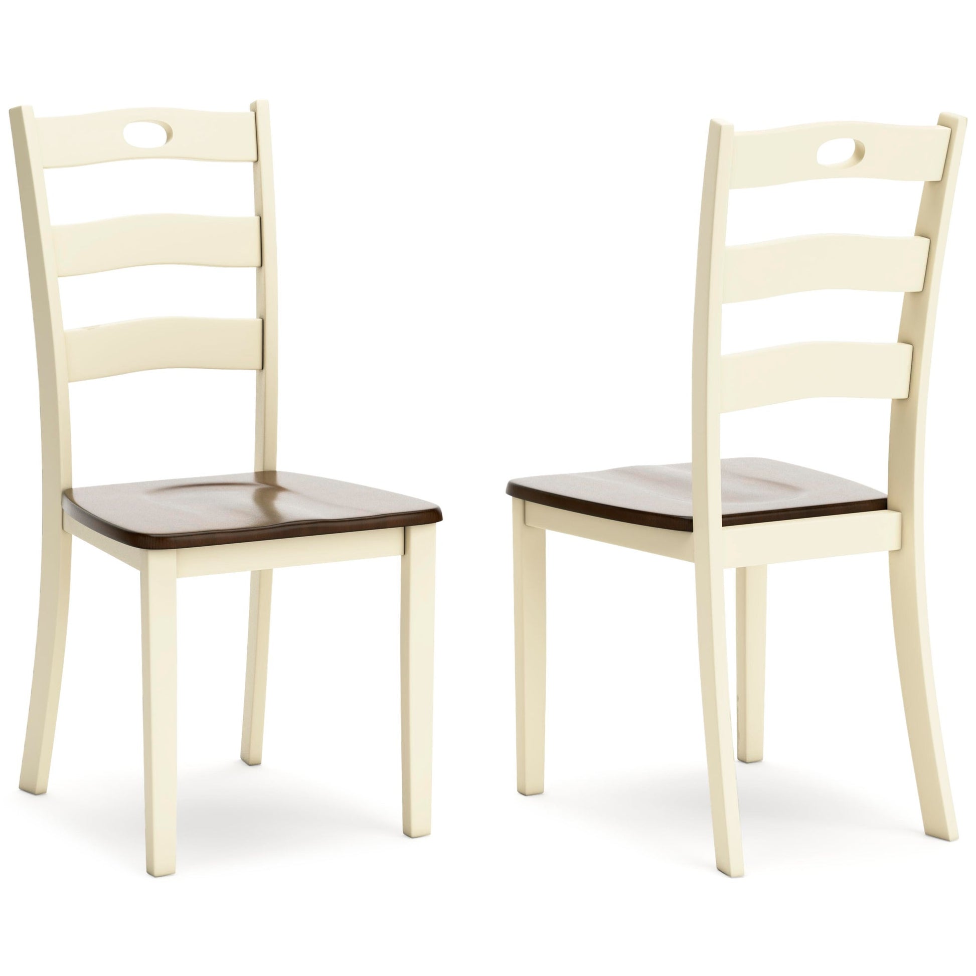 The Woodanville Dining Room Side Chair (2/CN) features two wooden ladderback chairs with cream backs and legs, dark brown seats, shown from front and side on a white background—ideal for cottage-chic dining spaces.