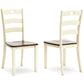 The Woodanville Dining Room Side Chair (2/CN) features two wooden ladderback chairs with cream backs and legs, dark brown seats, shown from front and side on a white background—ideal for cottage-chic dining spaces.