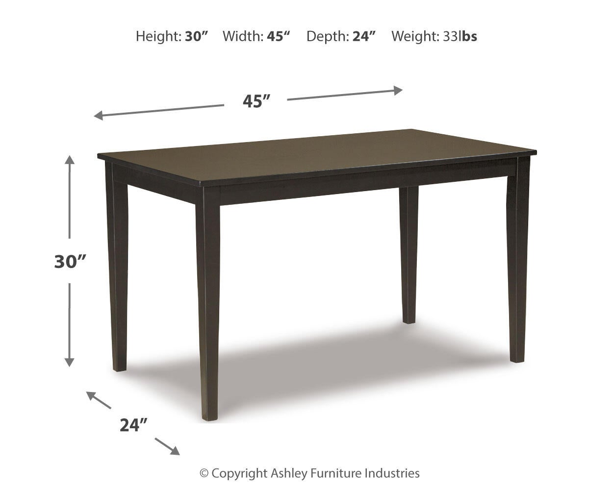 The Kimonte Rectangular Dining Room Table features a contemporary dark brown finish, a wooden rectangular top, and four legs. It measures 45" W x 24" D x 30" H and weighs 33 lbs—perfect for small dining spaces.