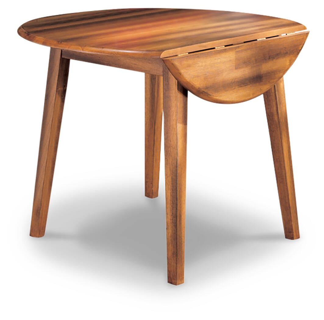 The Berringer Round DRM Drop Leaf Table is a rustic dining table with four sturdy legs and a convenient drop-leaf extension on one side.