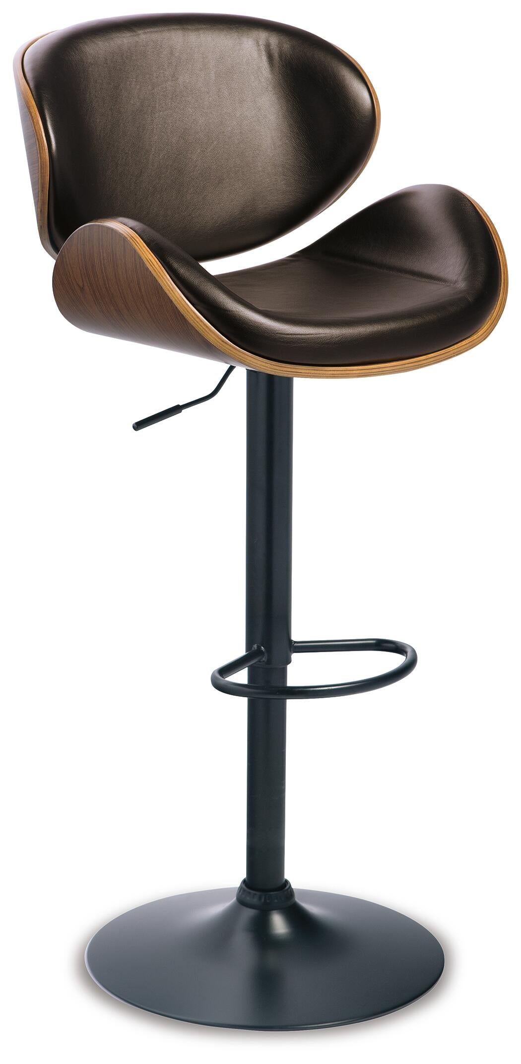 The Bellatier Tall UPH Swivel Barstool features a curved dark brown faux leather seat with wooden trim, adjustable black metal stem, footrest, and round base for a modern look.