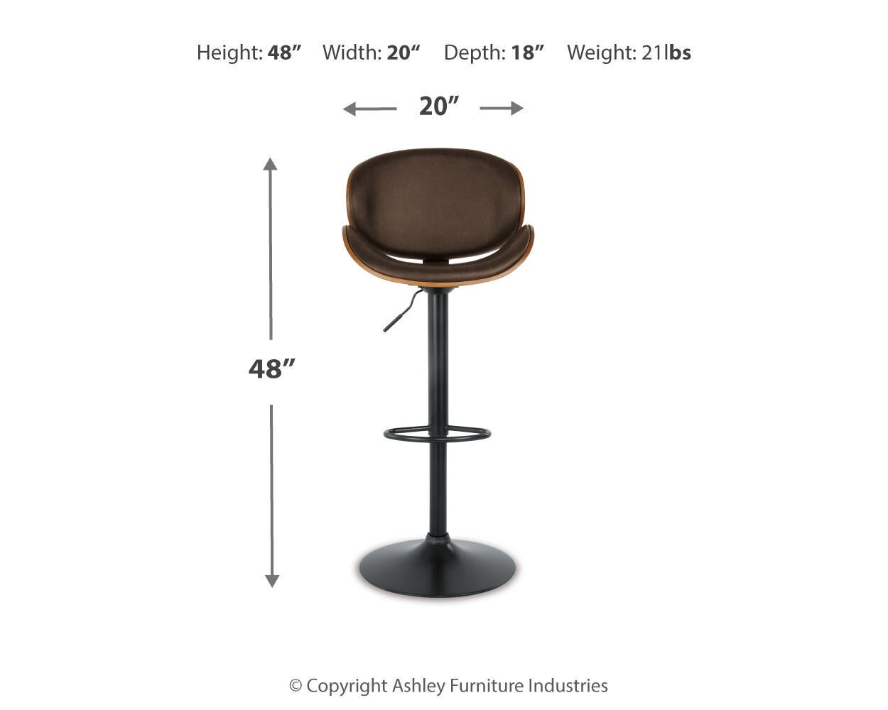 The Bellatier Tall UPH Swivel Barstool (1/CN) features brown faux leather upholstery, a black pedestal base, adjustable height, and swivels. Shown front-facing with arrows for width and height. Dimensions: 48"H x 20"W x 18"D. Weight: 21 lbs.