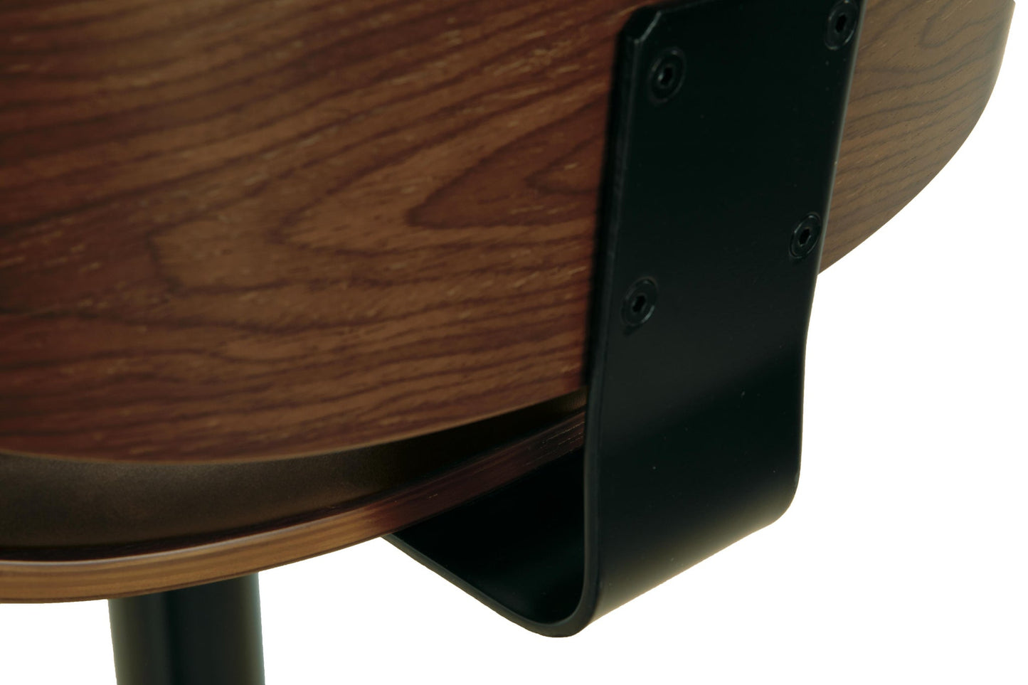 Close-up of a black metal bracket attached under a circular wooden tabletop, part of the Bellatier Tall UPH Swivel Barstool(1/CN) with adjustable height and swivel features.