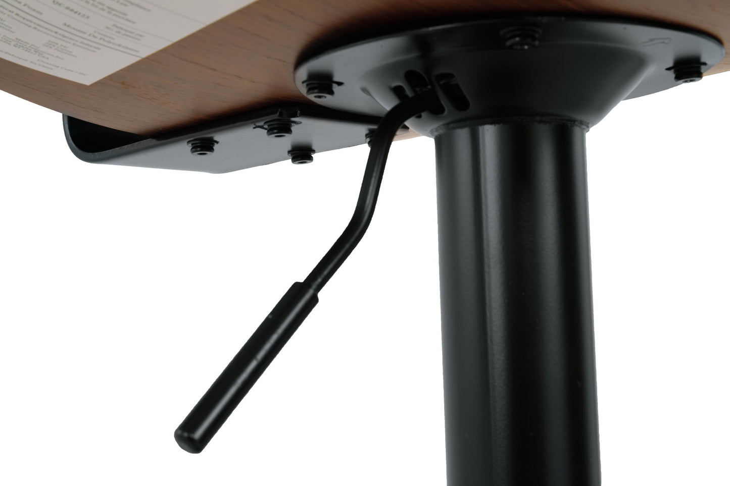 Close-up view of a black metal lever under a wooden tabletop, used to adjust height—perfect for pairing with the Bellatier Tall UPH Swivel Barstool (1/CN).