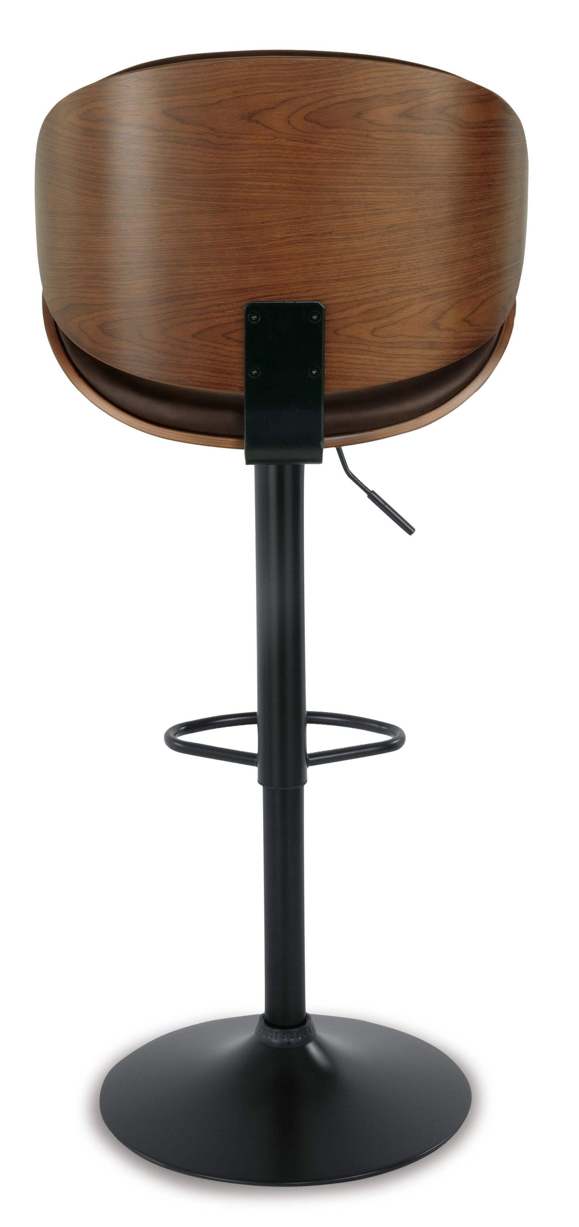 The Bellatier Tall UPH Swivel Barstool features a curved wooden backrest, black metal base, faux leather seat, footrest, and adjustable height lever, shown from the rear.