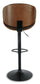 The Bellatier Tall UPH Swivel Barstool features a curved wooden backrest, black metal base, faux leather seat, footrest, and adjustable height lever, shown from the rear.