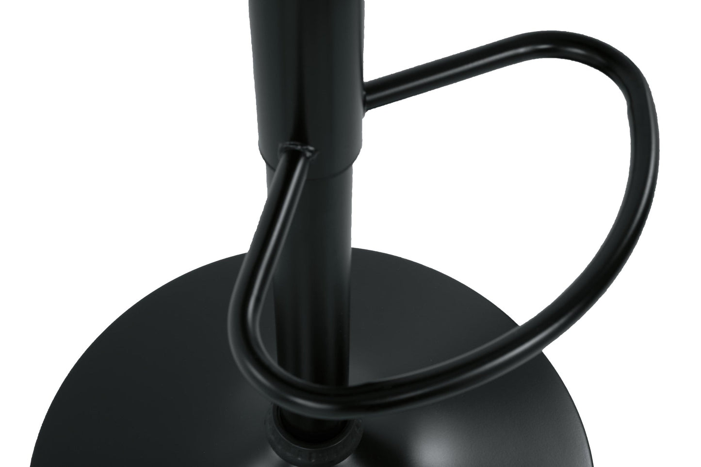 Close-up of the Bellatier Tall UPH Swivel Barstool(1/CN) featuring a black metal swivel base with a circular footrest attached to the central support.