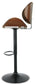 The Bellatier Tall UPH Swivel Barstool (1/CN) features a modern curved wooden seat, black metal base, footrest, and adjustable height mechanism, shown from the side.