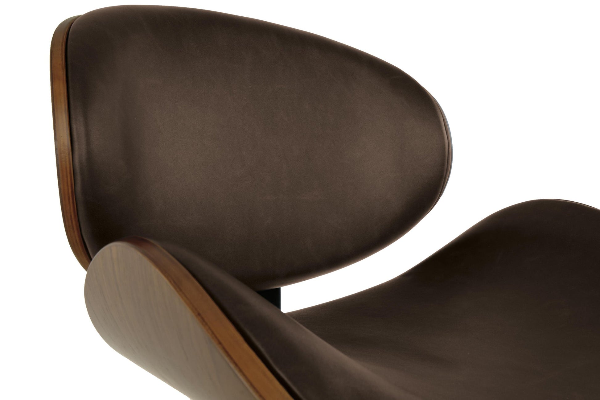 Close-up of the Bellatier Tall UPH Swivel Barstool, showcasing its curved dark brown faux leather backrest and seat with wooden accents, set against a plain white background.