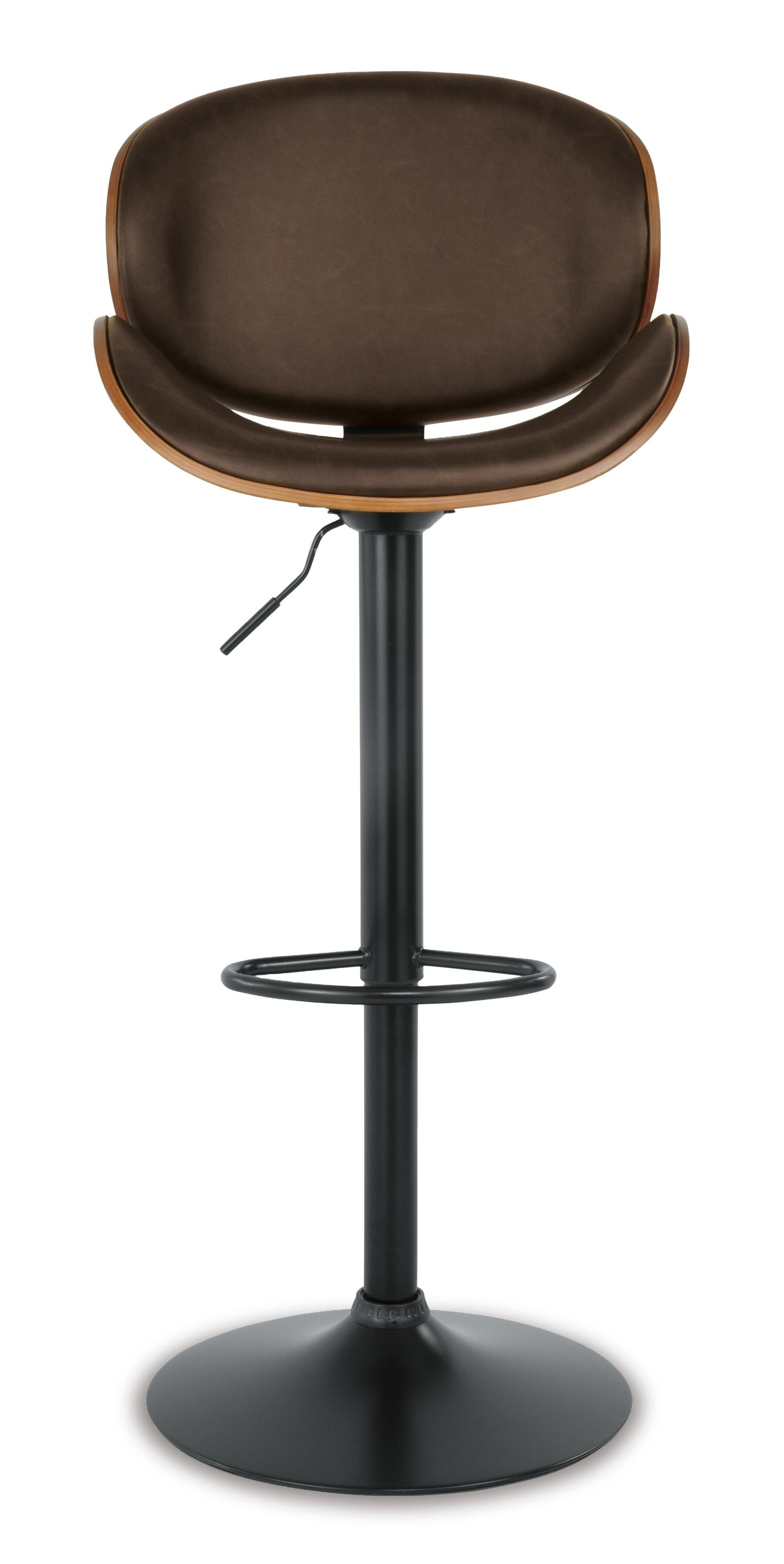 The Bellatier Tall UPH Swivel Barstool (1/CN) features a modern design with adjustable height, a curved brown faux leather seat, footrest, and a sleek black metal pedestal base.
