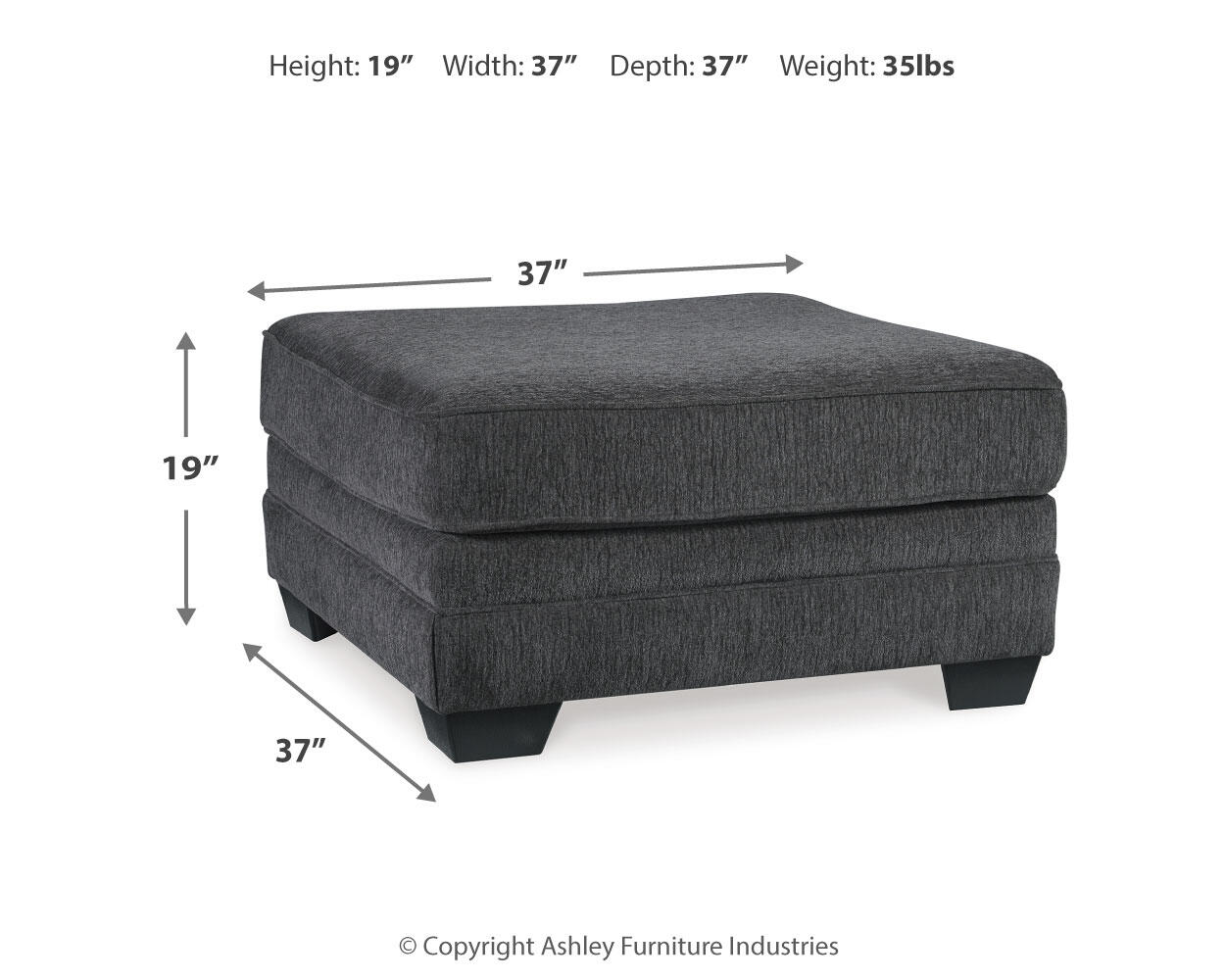 The Tracling Oversized Accent Ottoman features contemporary style, slate gray fabric, and short black legs. Dimensions: 37"W x 37"D x 19"H; weight: 35 lbs. Arrows indicate measurements.