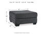 The Tracling Oversized Accent Ottoman features contemporary style, slate gray fabric, and short black legs. Dimensions: 37"W x 37"D x 19"H; weight: 35 lbs. Arrows indicate measurements.