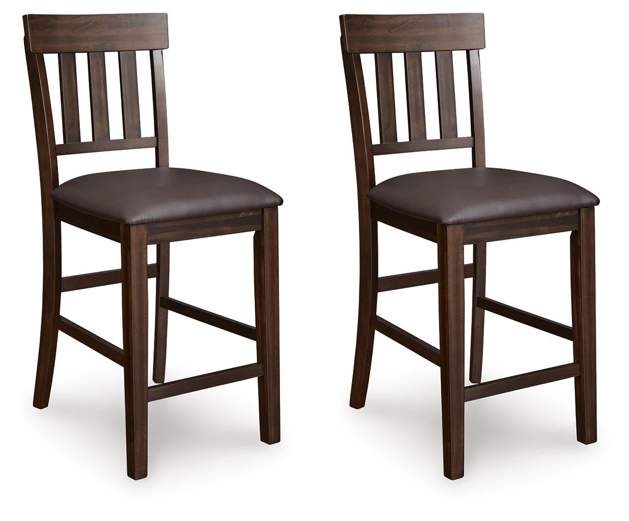 Two Haddigan Upholstered Barstools (set of 2) with slat backs and dark faux leather seats are displayed side by side against a white background.