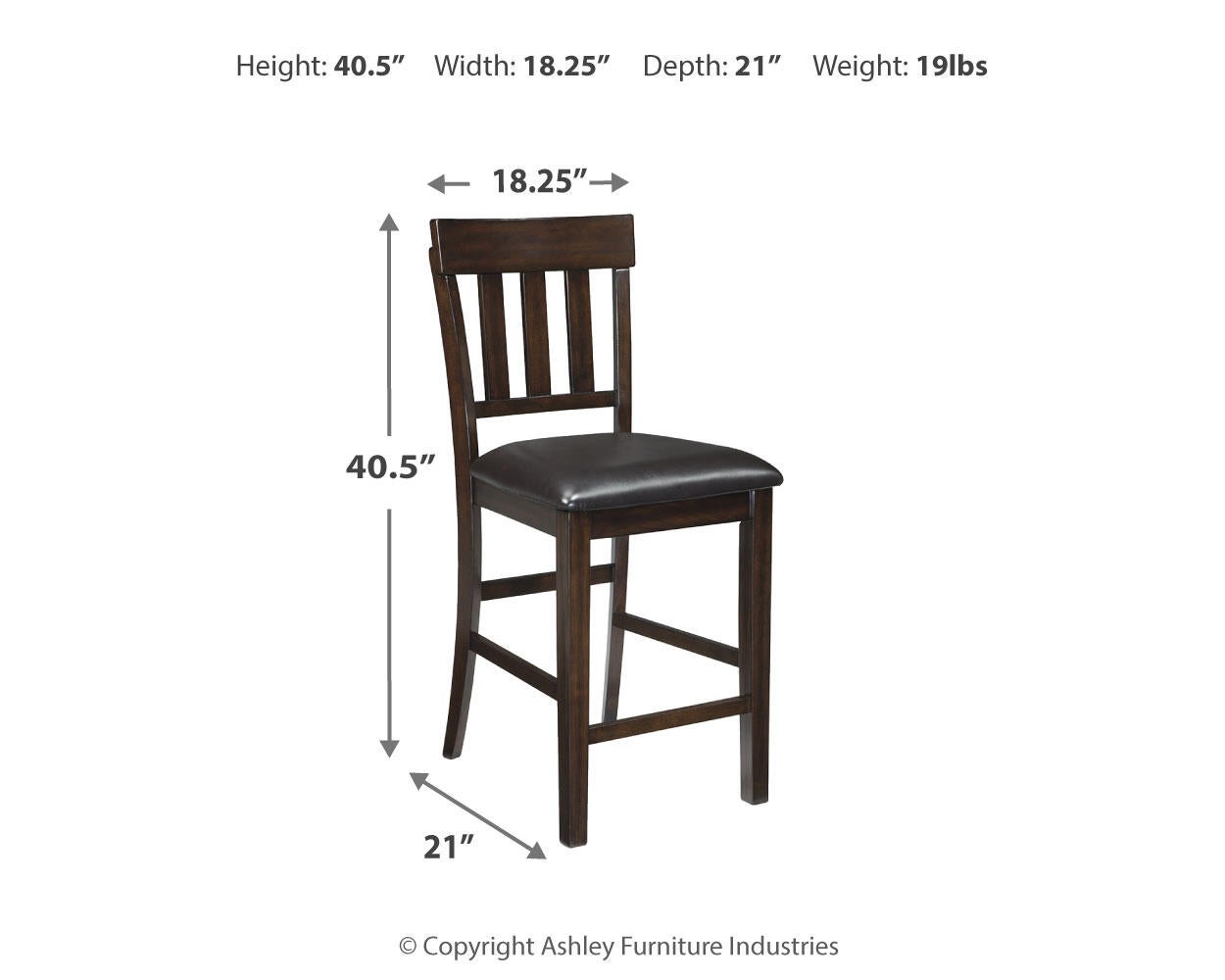 The Haddigan Upholstered Barstool (2/CN) features a dark wood frame, slat back, cushioned faux leather seat, measures 40.5" H x 18.25" W x 21" D, and weighs 19 lbs.