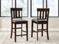 Two Haddigan Upholstered Barstools with dark wood, slat backs, and cushioned seats sit on a light patterned rug in front of large windows.