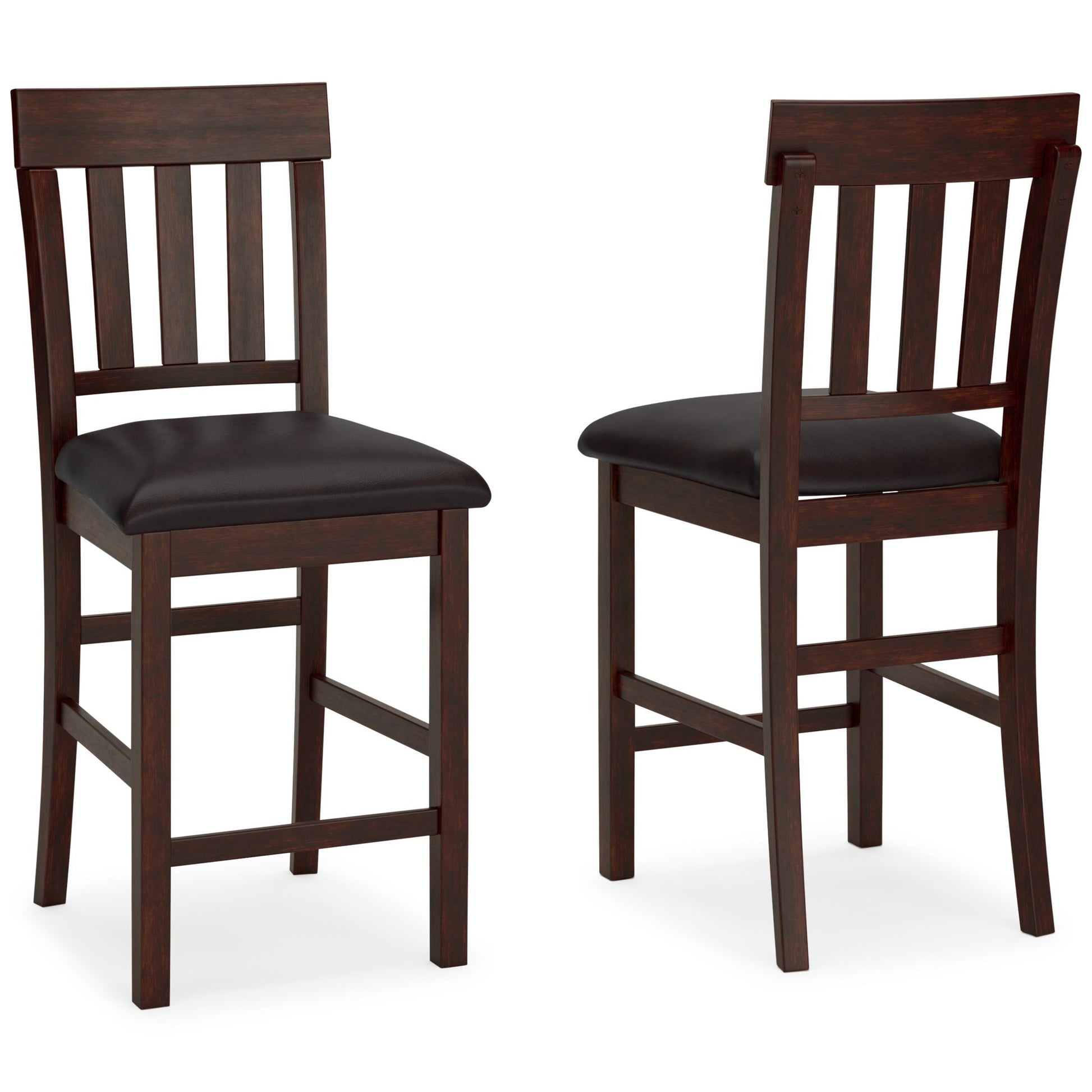 The Haddigan Upholstered Barstool (2/CN) set features two dark wood barstools with slat backs and black faux leather seats, displayed from front and side views on a white background.