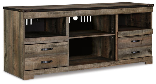 The Trinell LG TV Stand w/Fireplace Option features reclaimed barn wood style, two open shelves, two drawers with metal handles, side compartments, and cable management holes to create an inviting living space.