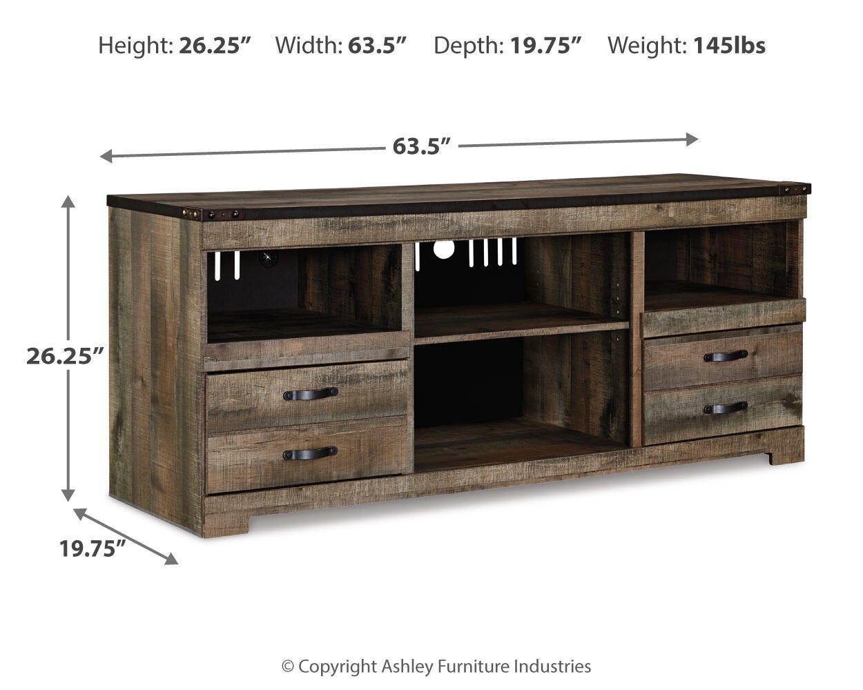 The Trinell LG TV Stand w/Fireplace Option features wood construction, four drawers, two open shelves, cable management holes, and measures 26.25"H x 63.5"W x 19.75"D (145 lbs)—ideal for adding charm to your living room setup.