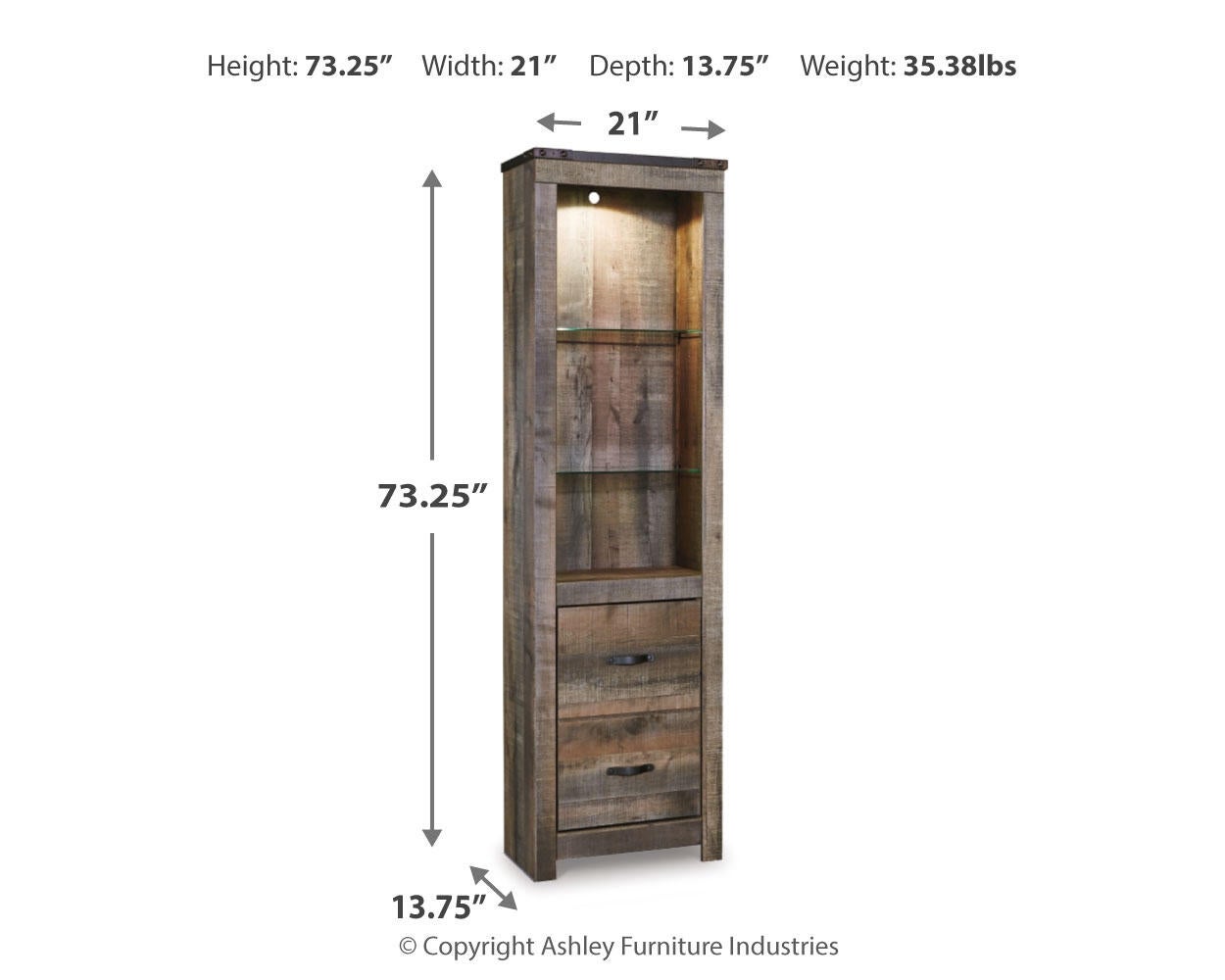 The Trinell Pier is a tall wooden display cabinet with a rustic finish, adjustable glass shelves, two drawers, and built-in lighting. Measures 73.25" H x 21" W x 13.75" D, weighs 35.38 lbs—ideal as an entertainment center pier or for stylish storage.