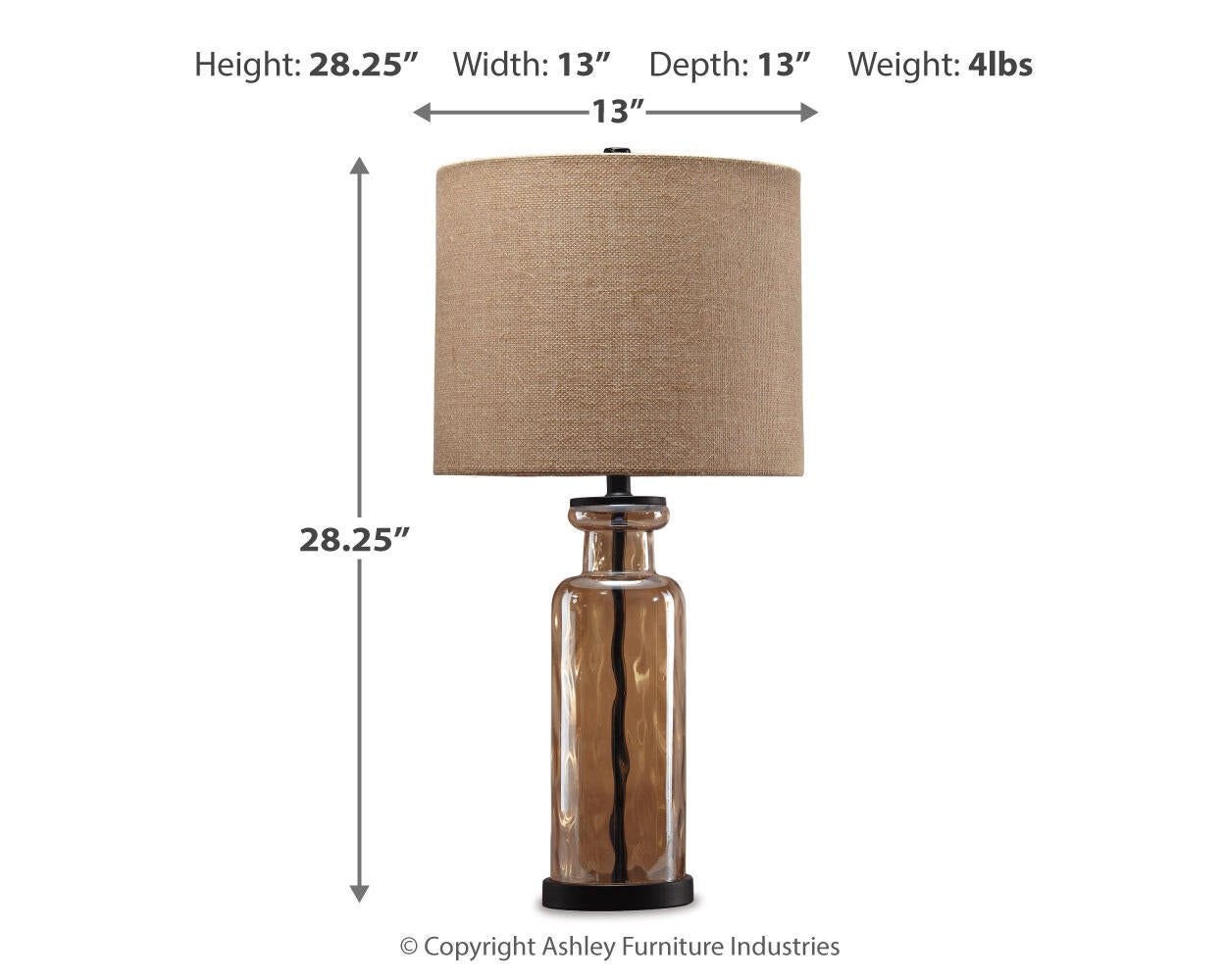 Laurentia Glass Table Lamp (1/CN) features an antique bronze finish, brown glass base, beige fabric shade, measures 28.25"H x 13"W x 13"D, and weighs 4 lbs.