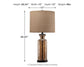 Laurentia Glass Table Lamp (1/CN) features an antique bronze finish, brown glass base, beige fabric shade, measures 28.25"H x 13"W x 13"D, and weighs 4 lbs.