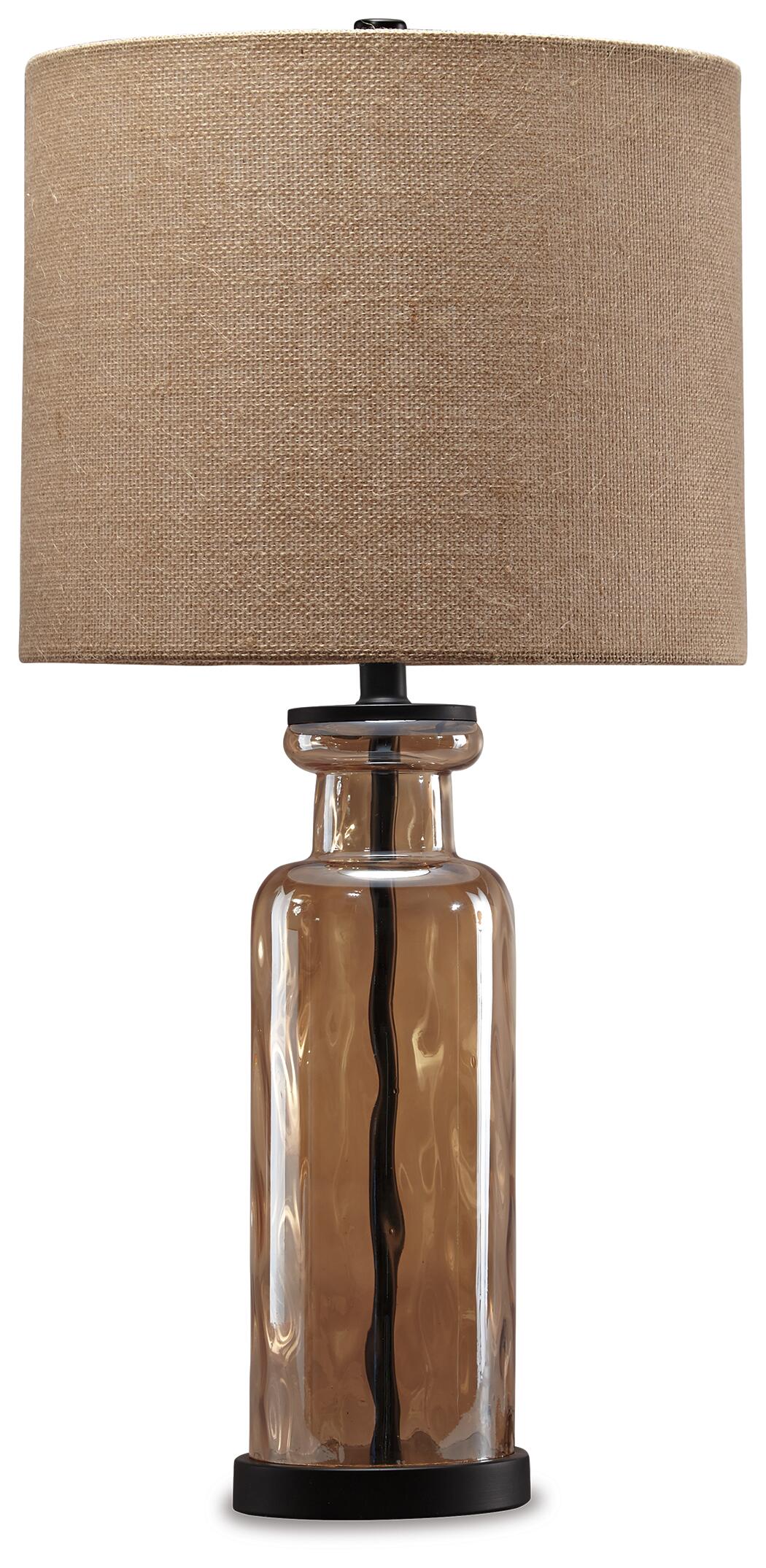 Laurentia Glass Table Lamp (1/CN) with an antique bronze finish, clear brown glass base, and a cylindrical beige fabric shade, shown against a white background.