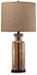 Laurentia Glass Table Lamp (1/CN) with an antique bronze finish, clear brown glass base, and a cylindrical beige fabric shade, shown against a white background.