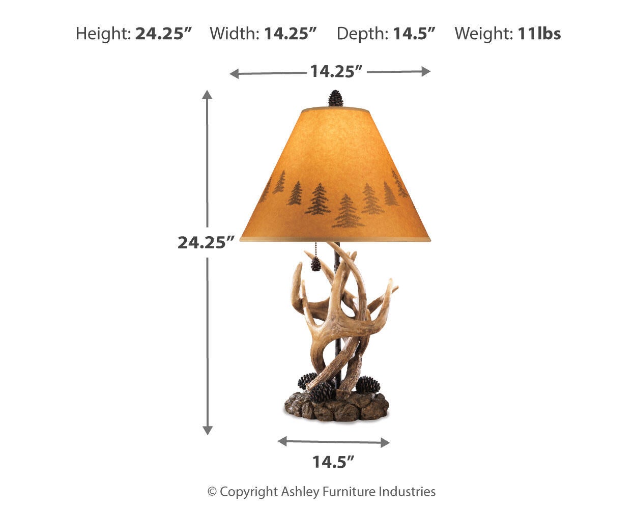 The Derek Poly Table Lamp features a tree-patterned shade and antler-style base with pinecone accents, ideal for a mountain retreat. Measures 24.25" H x 14.25" W x 14.5" D and weighs 11 lbs; arrows show dimensions.