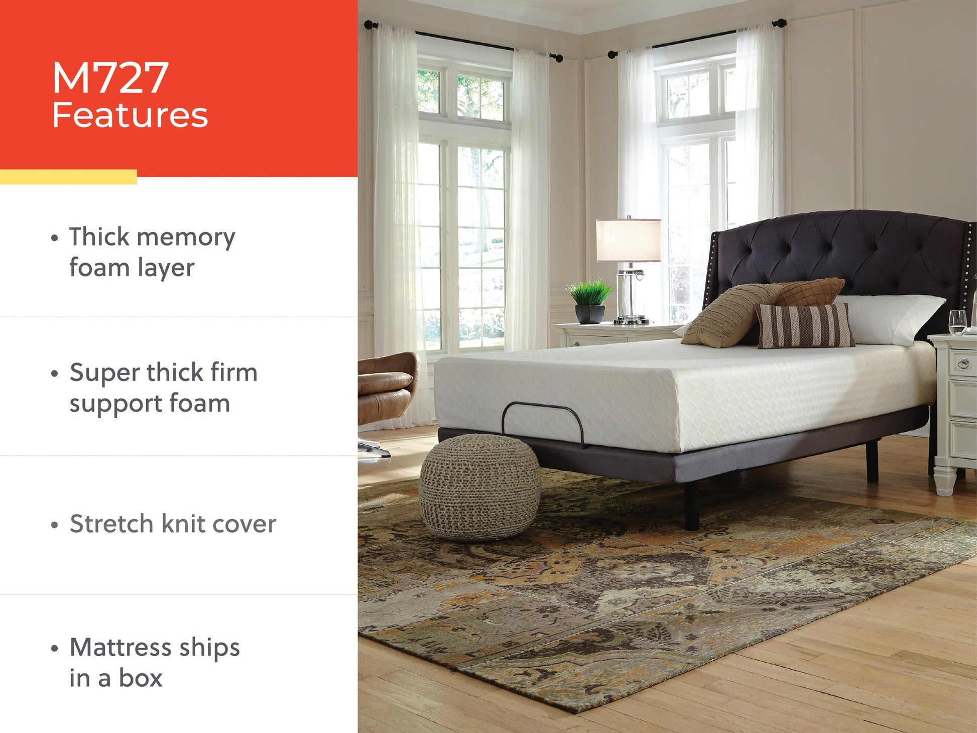 Modern bedroom with a neatly made bed on a patterned rug; side panel lists features of the Chime 12 Inch Memory Foam Mattress, such as its stretch knit cover and queen size.