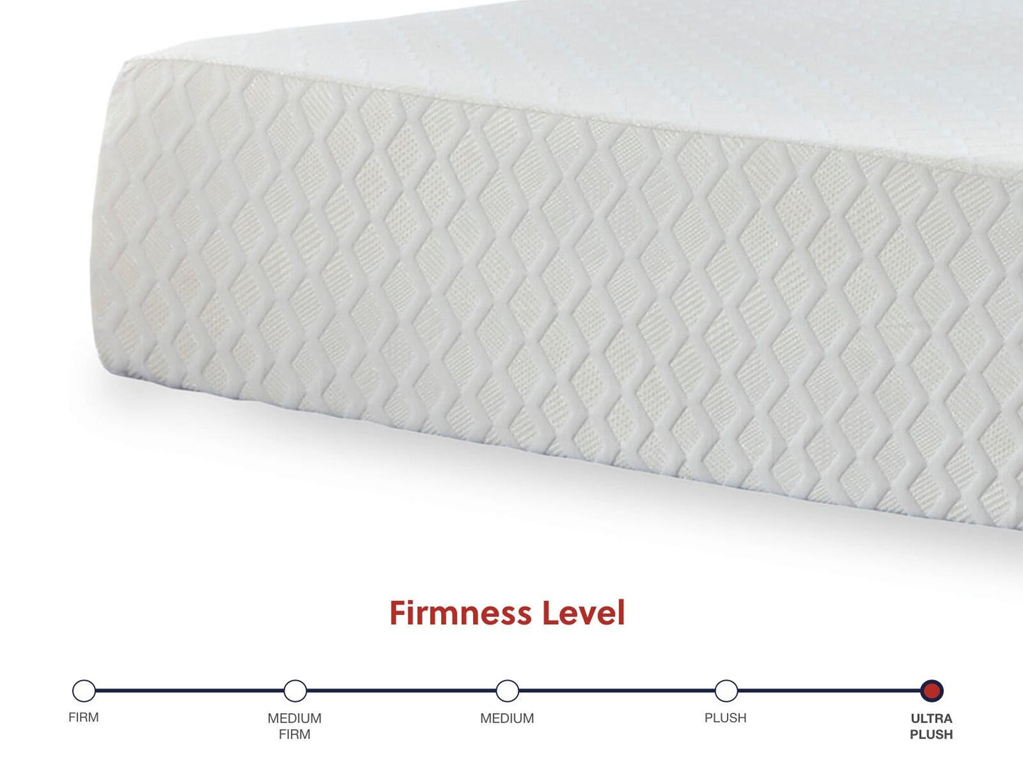 Close-up of the Chime 12 Inch Memory Foam Mattress featuring a diamond-patterned cover; the firmness scale below rates this mattress as ultra plush.