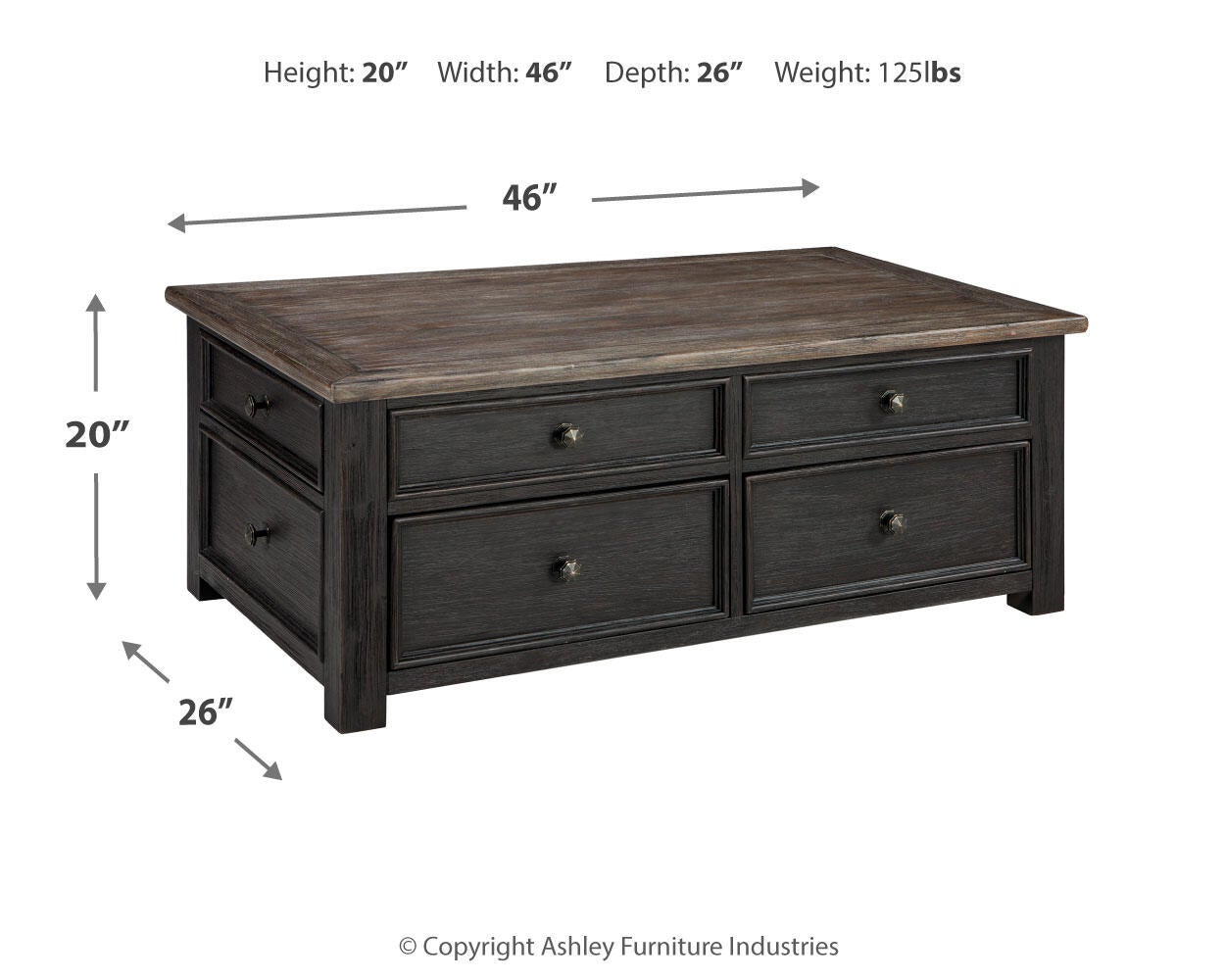 The Tyler Creek Lift Top Cocktail Table, shown in a dark finish, features four drawers for storage. Dimensions: 46"W x 26"D x 20"H; weight: 125 lbs. Perfect for organizing your living space with a blend of style and function.