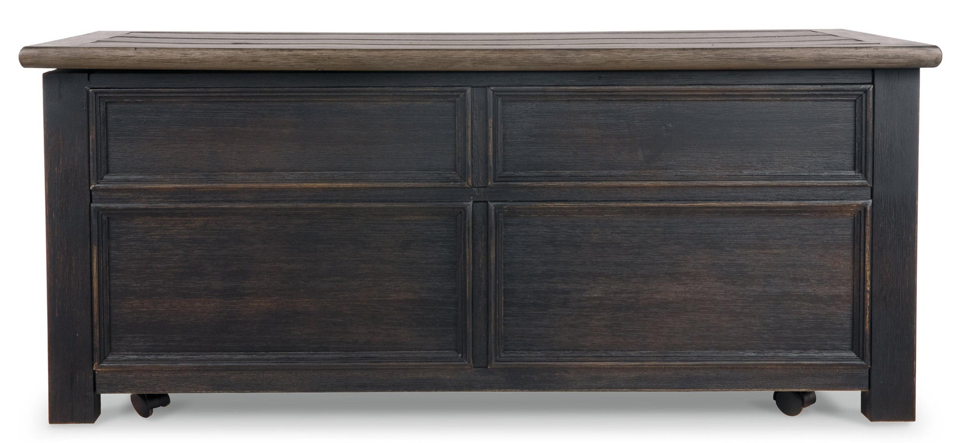 The Tyler Creek Lift Top Cocktail Table features a dark wood finish, a flat lid, four front rectangular panels, and small wheels at the base for easy mobility.