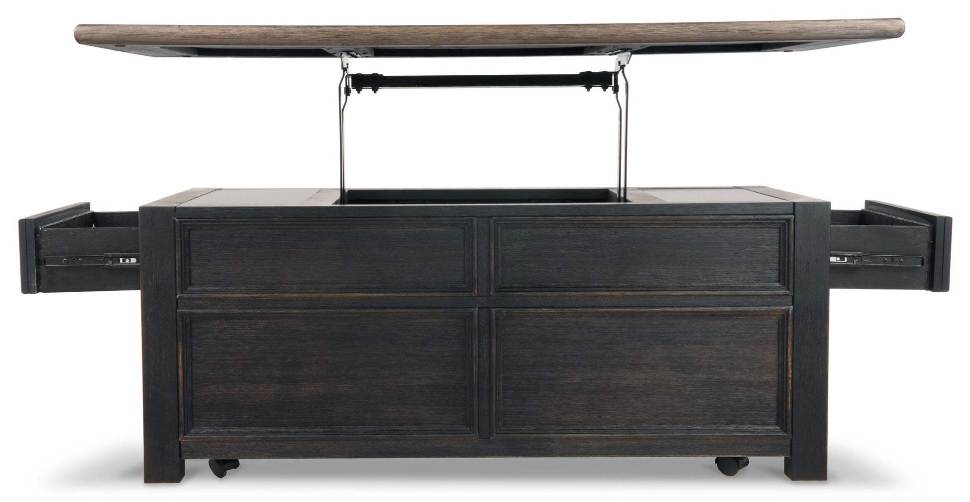 The Tyler Creek Lift Top Cocktail Table features a dark, weathered gray-brown finish and two side drawers that extend outward, highlighting its versatile storage options.