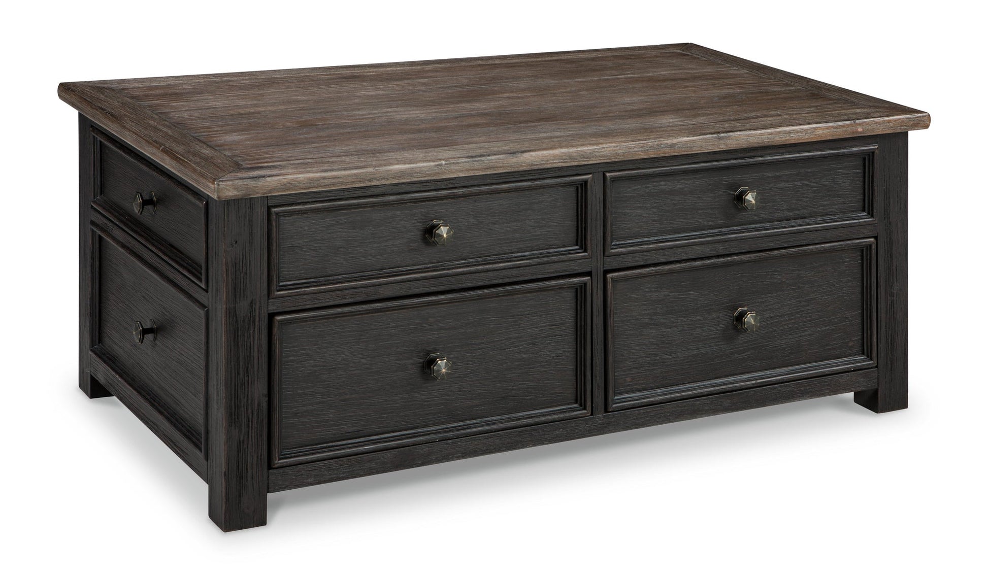 The Tyler Creek Lift Top Cocktail Table features a rectangular dark wood finish, four drawers with round metal knobs, and sturdy legs, offering stylish storage and practical functionality.