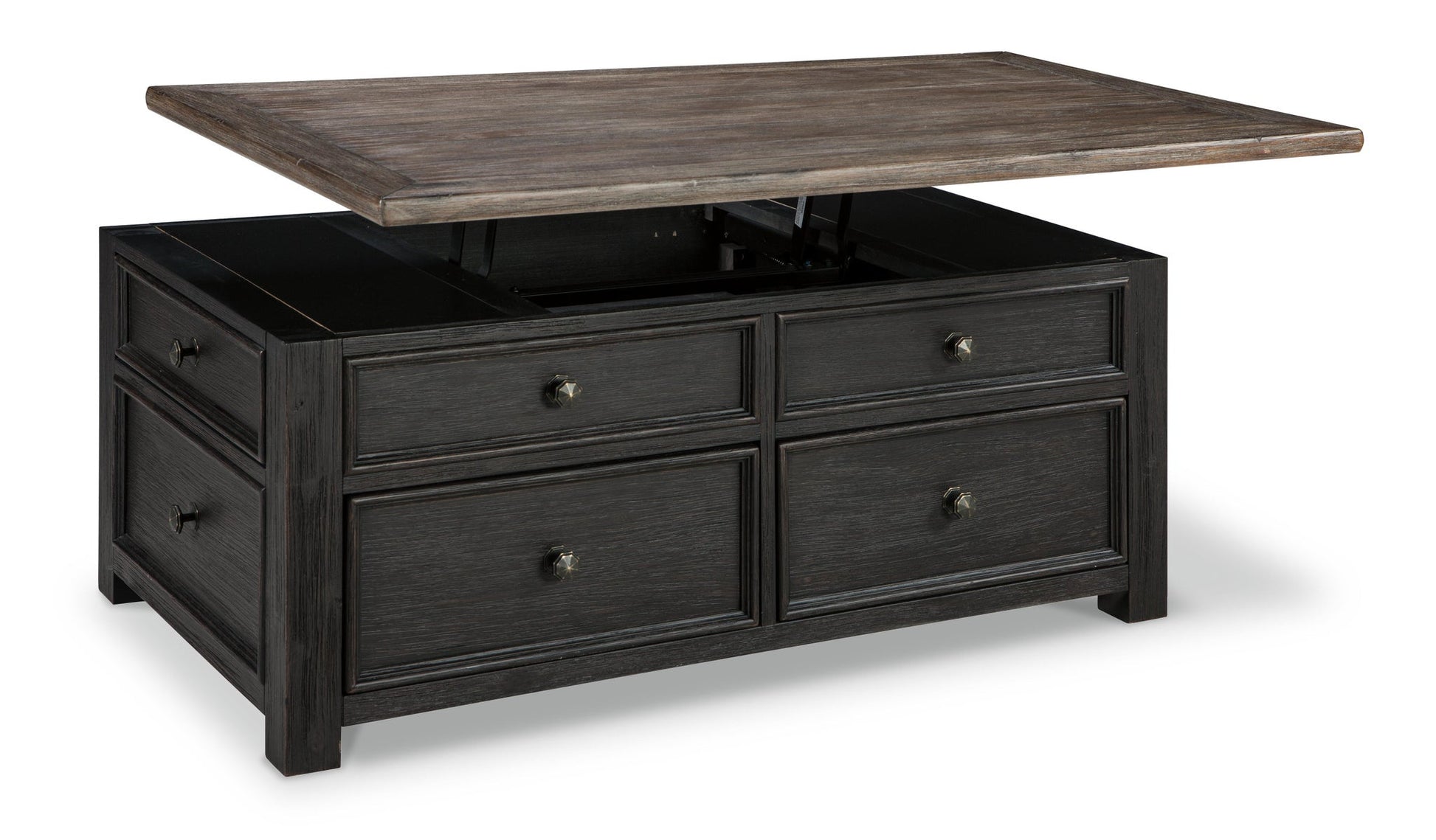 The Tyler Creek Lift Top Cocktail Table features a dark wood finish, four drawers, and a partially raised lift-top surface that reveals spacious internal storage.