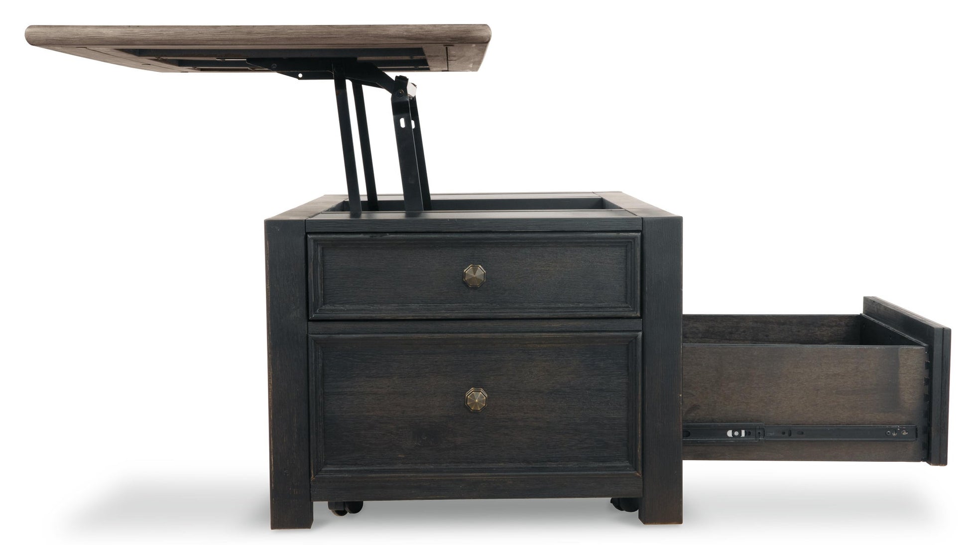 The Tyler Creek Lift Top Cocktail Table features a dark wood finish, a lift-top mechanism revealing interior storage, and a lower drawer that can be pulled out.